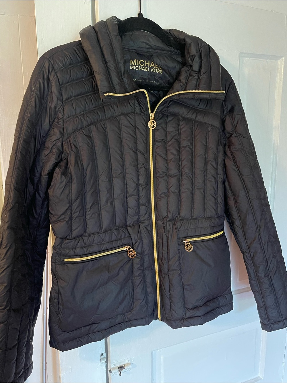 Michael Kors Black Quilted Puffer Jacket with Gold Hardware